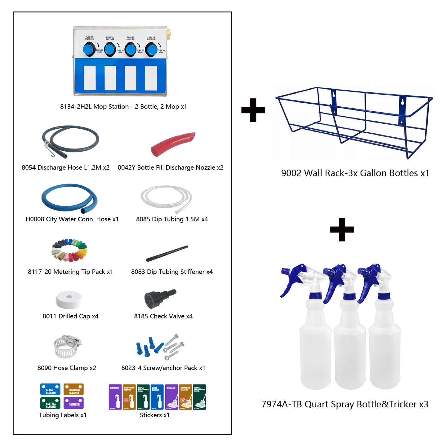 4-products Spray Bottle&Mop Bucket, Proportioner with Wall Rack, Cleaning Chemical Dilution Dispensing Proportioner for Application in Hotel, School, Store, Restaurant, Hospital, 8134-2B-9002