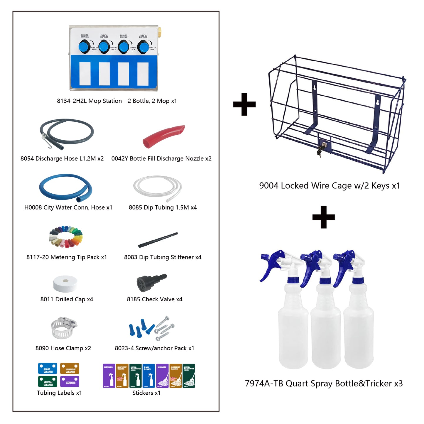 4-products Spray Bottle&Mop Bucket, Proportioner with Locking Cage, Cleaning Chemical Dilution Dispensing Proportioner for Application in Hotel, School, Store, Restaurant, Hospital, 8134-2B-9004