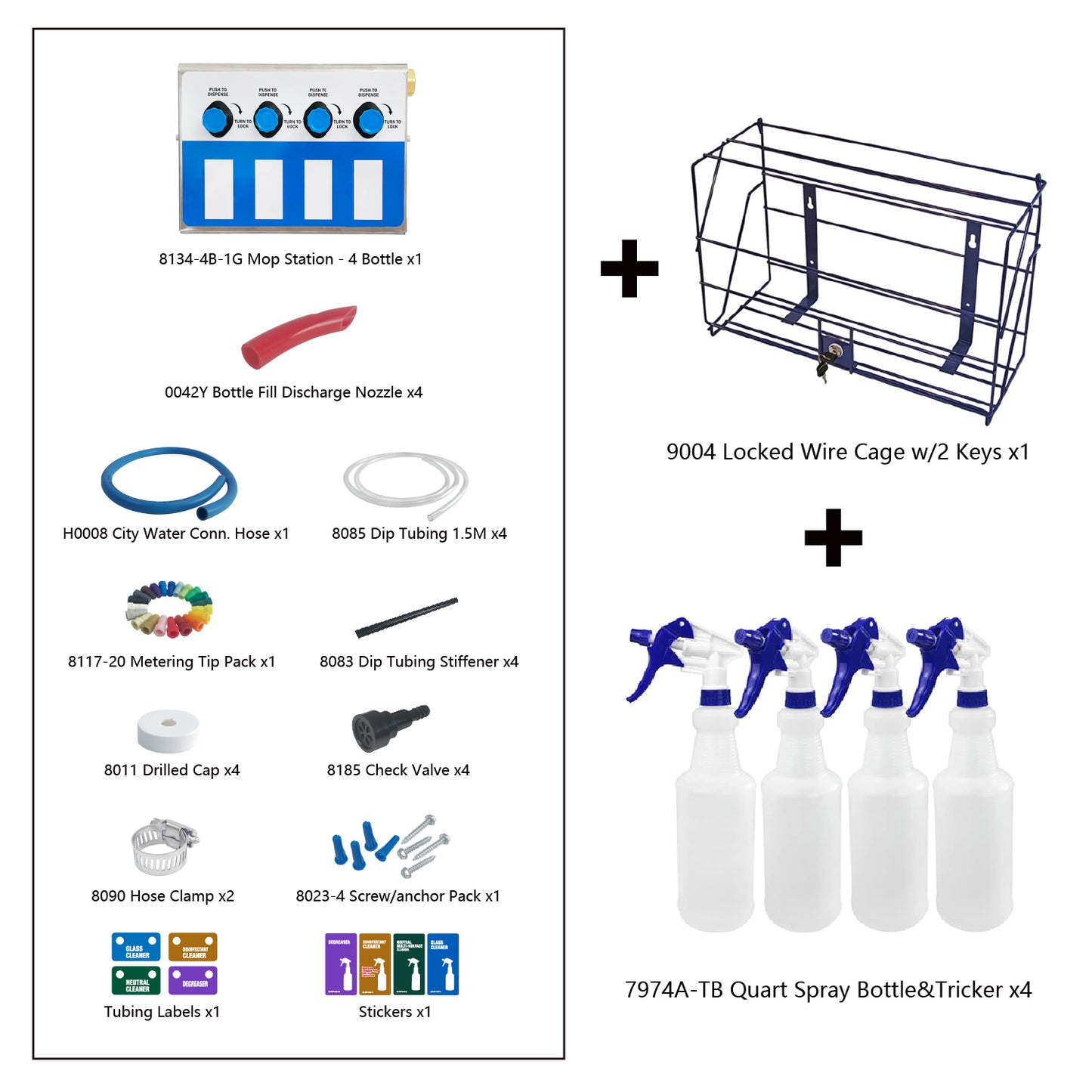 4-products Spray Bottle, Chemical Proportioner with locking cage, Cleaning Chemical Dilution Dispensing Proportioner for Application in Hotel, School, Store, Restaurant, Hospital, 8134-4B-9004
