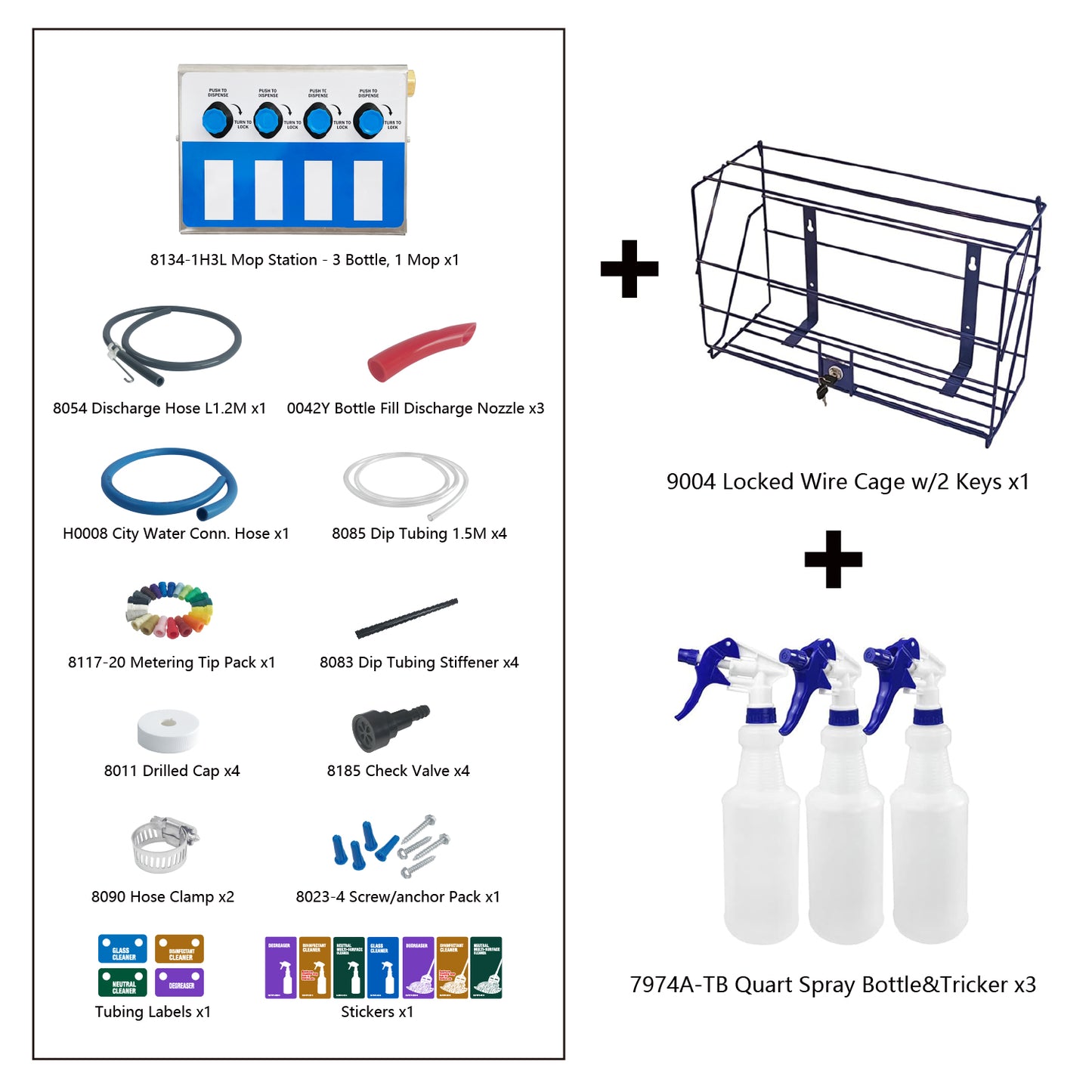 4-products Spray Bottle&Mop Bucket, Chemical Proportioner with Locking Cage, Cleaning Chemical Dilution Dispensing Proportioner for Application in Hotel, School, Store, Restaurant, Hospital, 8134-9004