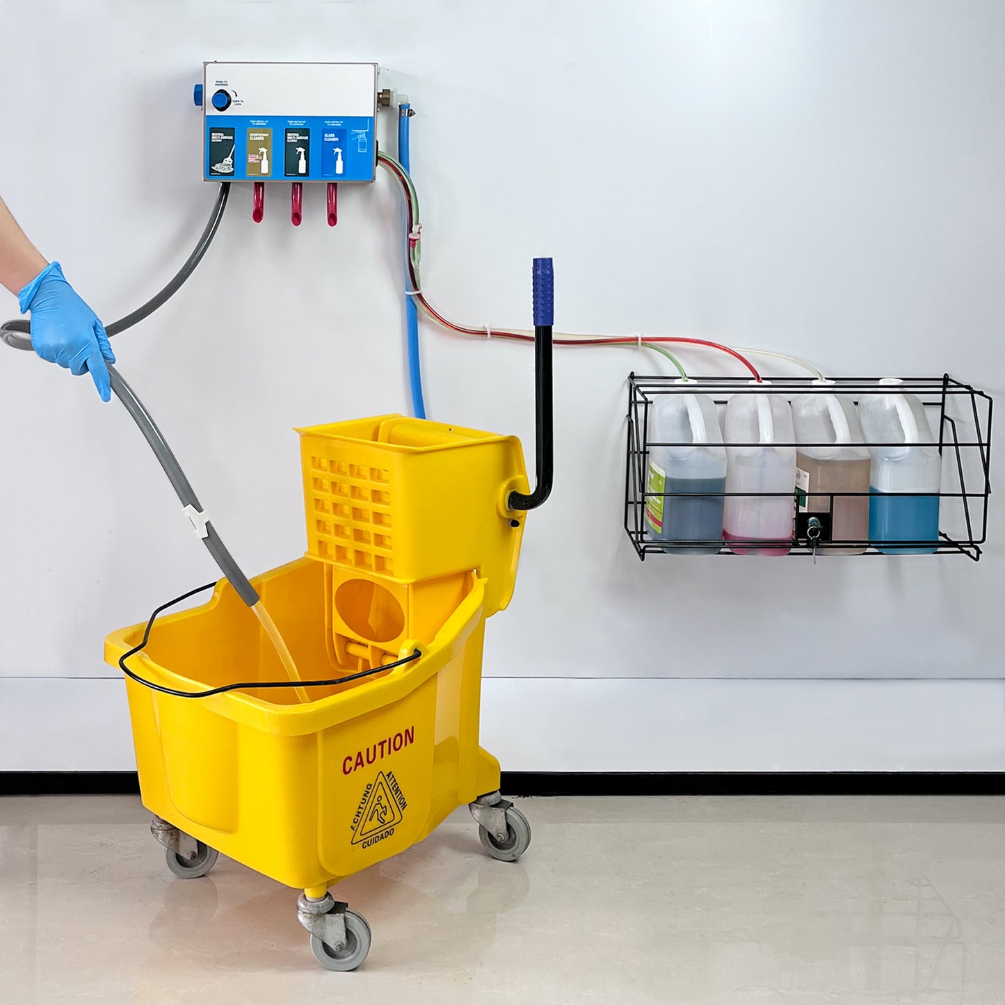 4-products Spray Bottle&Mop Bucket, Chemical Proportioner with Locking Cage, Cleaning Chemical Dilution Dispensing Proportioner for Application in Hotel, School, Store, Restaurant, Hospital, 8134-9004