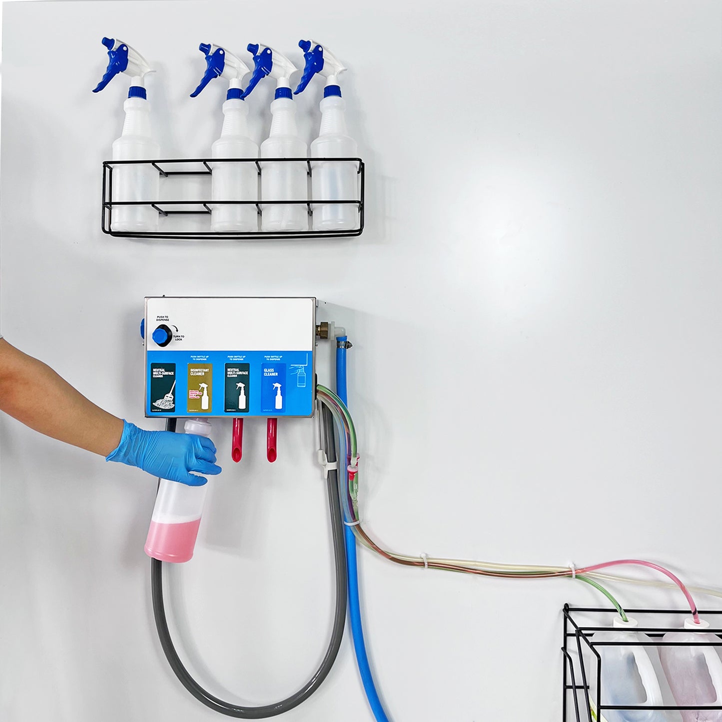 4-products Spray Bottle&Mop Bucket, Chemical Proportioner with Locking Cage, Cleaning Chemical Dilution Dispensing Proportioner for Application in Hotel, School, Store, Restaurant, Hospital, 8134-9004