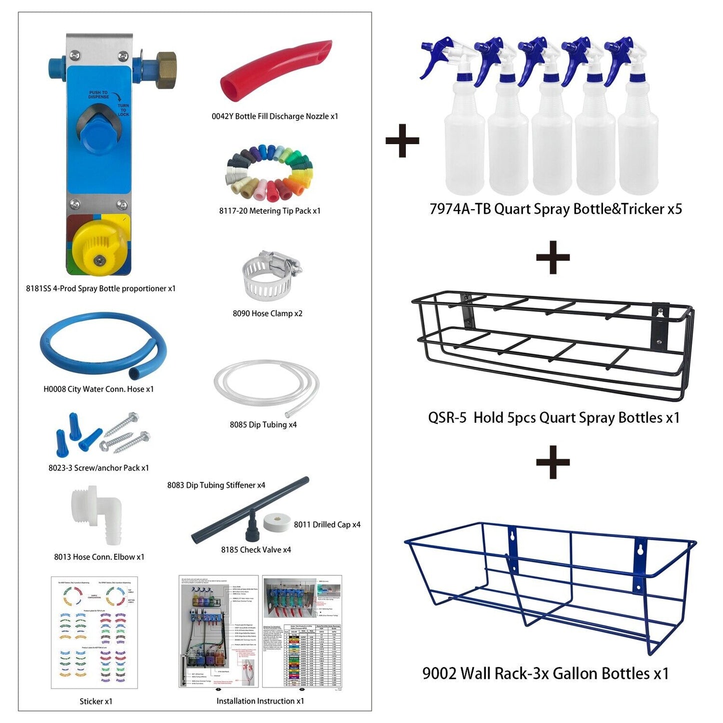 4-products Spray Bottle, Chemical Proportioner with Wall Rack, 8182SS-9002