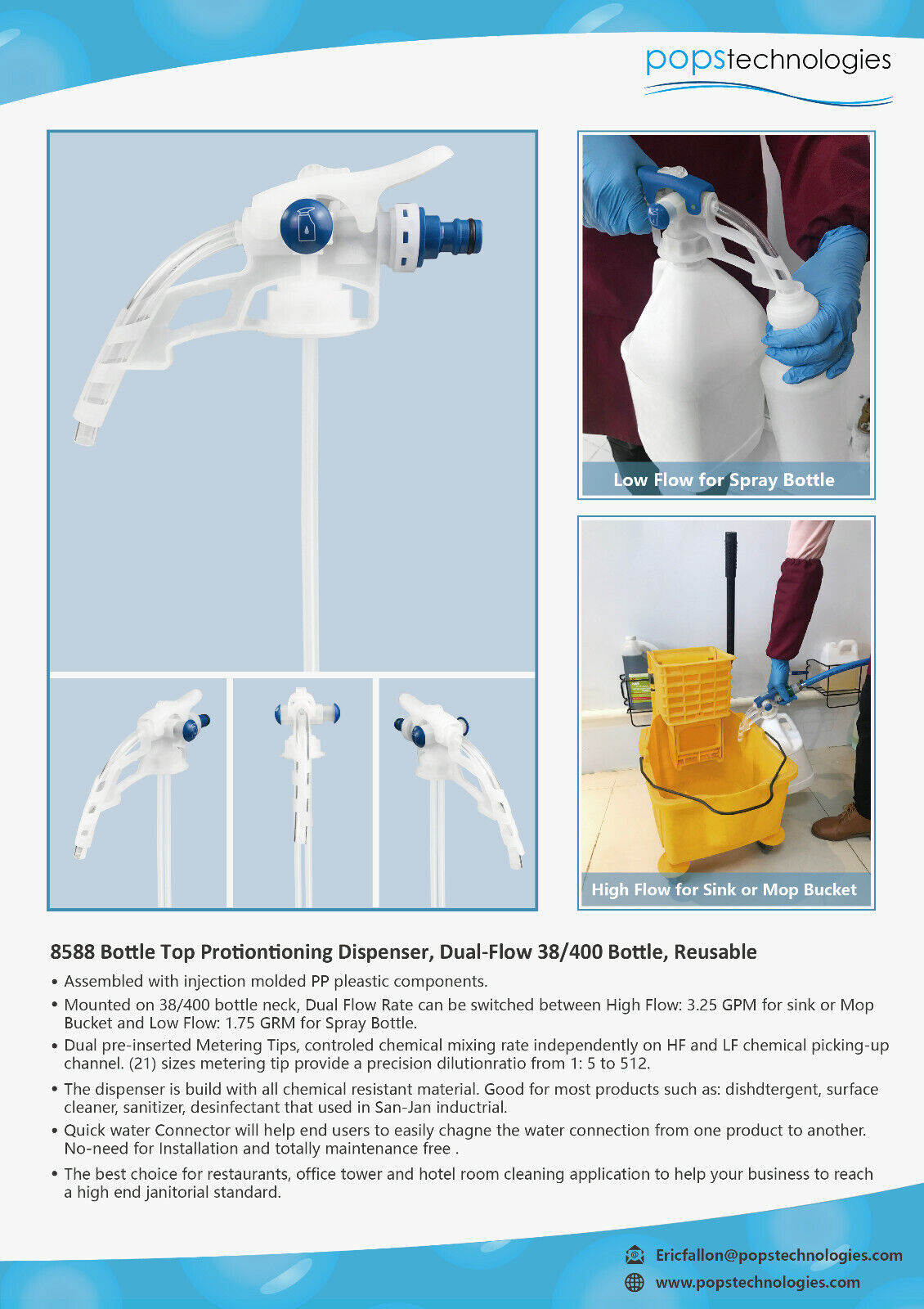 Hand Held Chemical Dispenser, Dual Flow Reusable fit 38/400 bottle, P/N: 8588