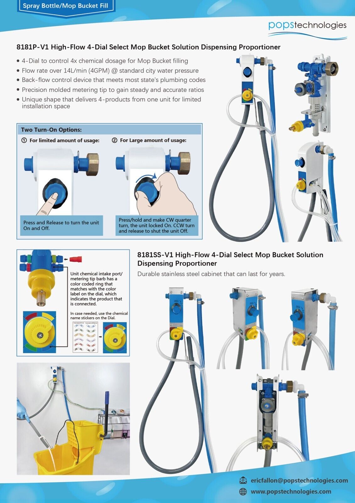 4-Prod Mop Bucket proportioner chemical dispenser, Model 8181SS