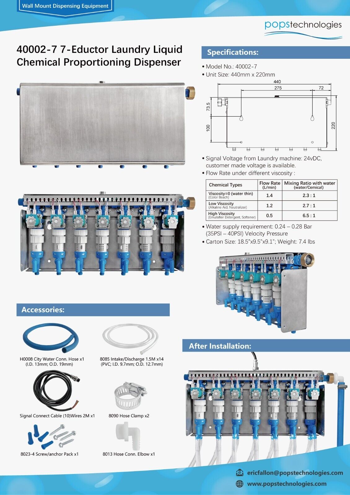 Laundry Machine Liquid Chemical Dispensing Pump Unit 7-Eductors , 40002-24VDC-7