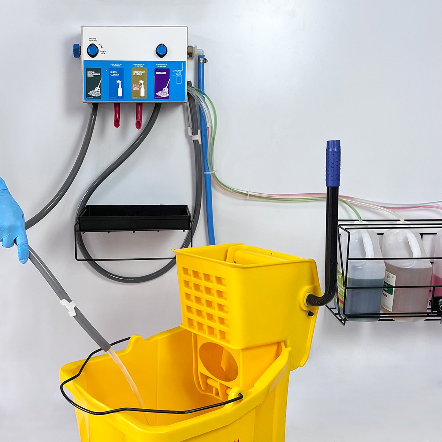 4-products Spray Bottle&Mop Bucket, Proportioner with Wall Rack, Cleaning Chemical Dilution Dispensing Proportioner for Application in Hotel, School, Store, Restaurant, Hospital, 8134-2B-9002