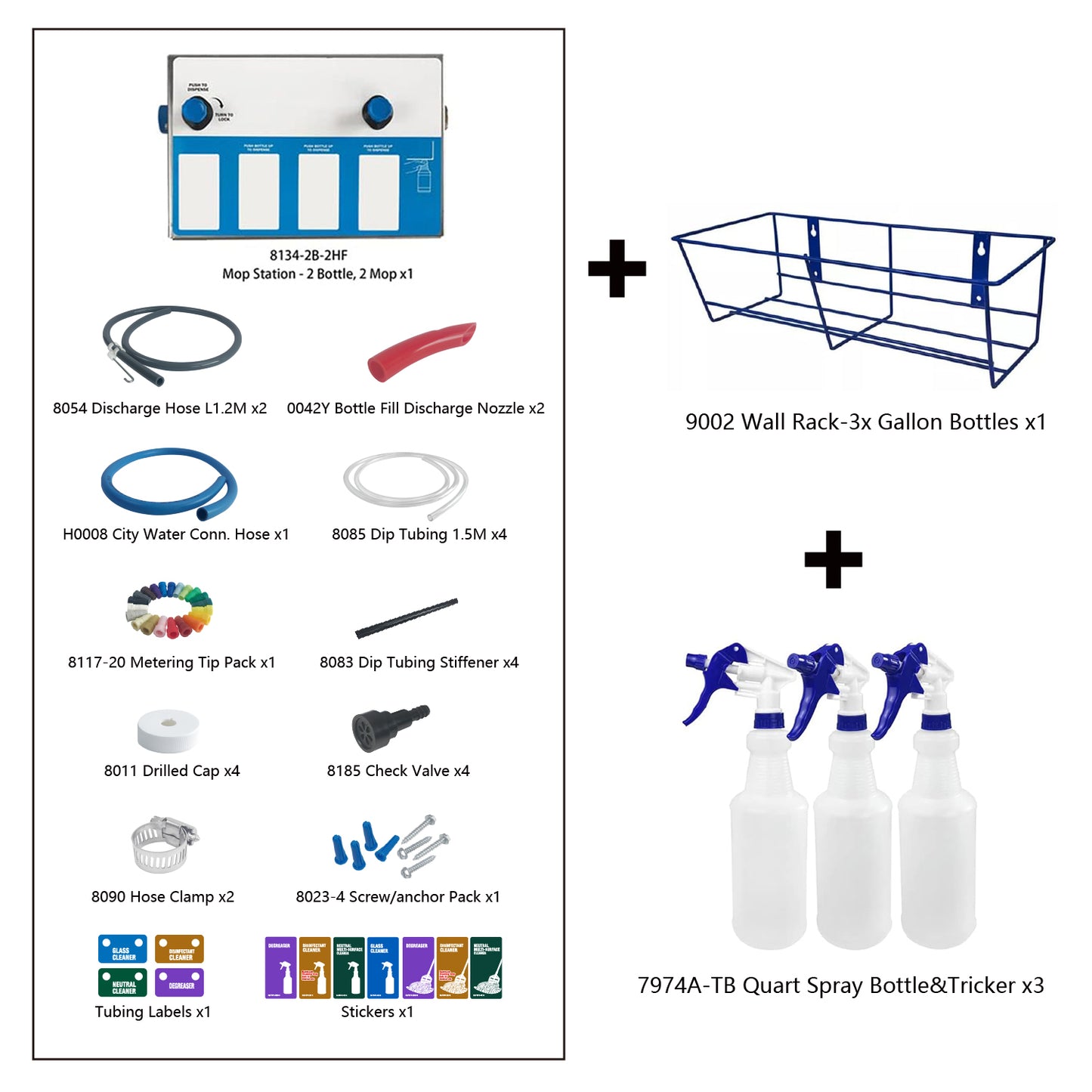 4-products Spray Bottle&Mop Bucket, Proportioner with Wall Rack, Cleaning Chemical Dilution Dispensing Proportioner for Application in Hotel, School, Store, Restaurant, Hospital, 8134-2B-9002