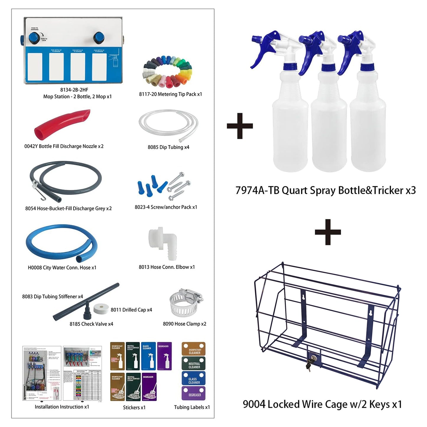 4-products Spray Bottle&Mop Bucket, Proportioner with Locking Cage, Cleaning Chemical Dilution Dispensing Proportioner for Application in Hotel, School, Store, Restaurant, Hospital, 8134-2B-9004