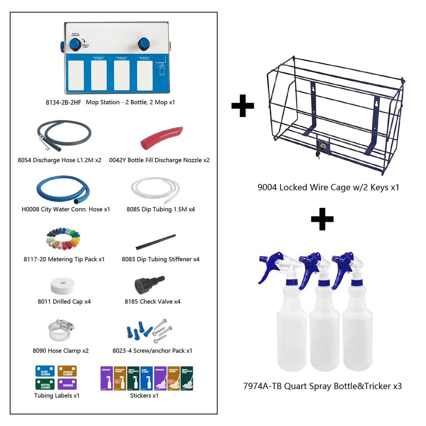 4-products Spray Bottle&Mop Bucket, Proportioner with Locking Cage, Cleaning Chemical Dilution Dispensing Proportioner for Application in Hotel, School, Store, Restaurant, Hospital, 8134-2B-9004