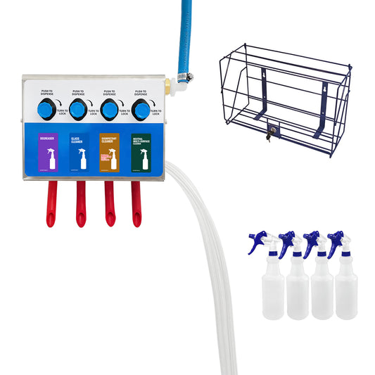 4-products Spray Bottle, Chemical Proportioner with locking cage, Cleaning Chemical Dilution Dispensing Proportioner for Application in Hotel, School, Store, Restaurant, Hospital, 8134-4B-9004