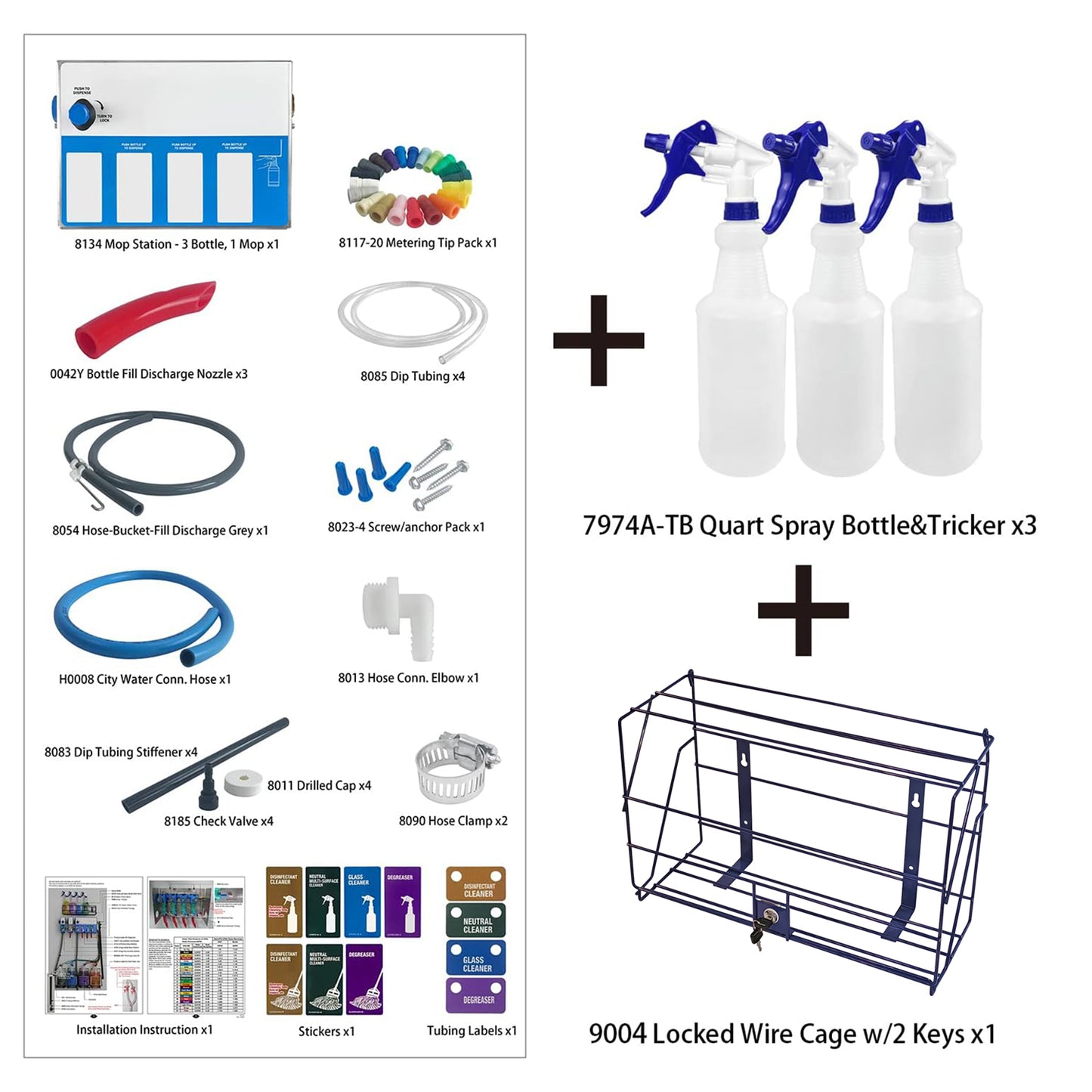 4-products Spray Bottle&Mop Bucket, Chemical Proportioner with Locking Cage, Cleaning Chemical Dilution Dispensing Proportioner for Application in Hotel, School, Store, Restaurant, Hospital, 8134-9004