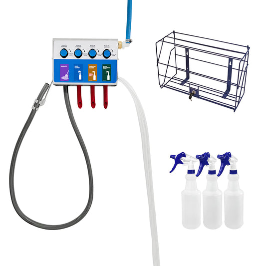 4-products Spray Bottle&Mop Bucket, Chemical Proportioner with Locking Cage, Cleaning Chemical Dilution Dispensing Proportioner for Application in Hotel, School, Store, Restaurant, Hospital, 8134-9004